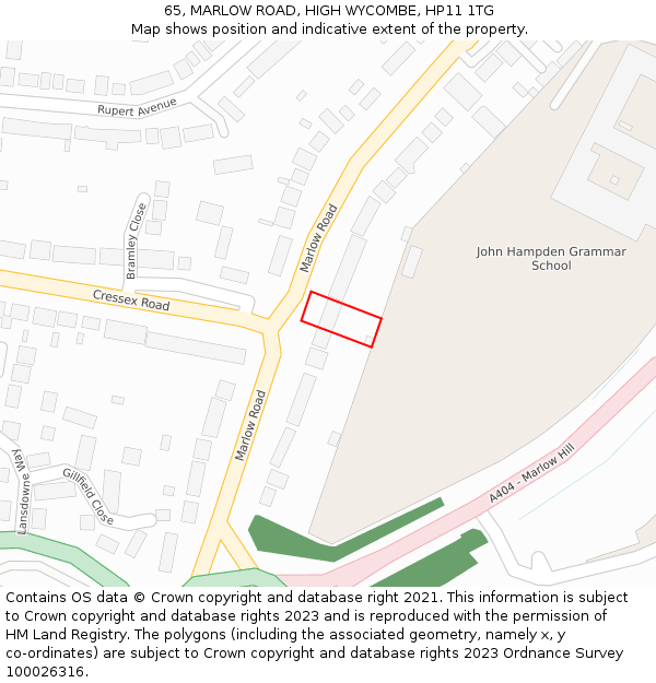 65, MARLOW ROAD, HIGH WYCOMBE, HP11 1TG: Location map and indicative extent of plot