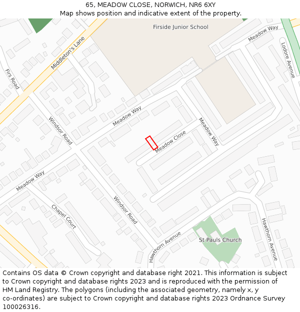 65, MEADOW CLOSE, NORWICH, NR6 6XY: Location map and indicative extent of plot