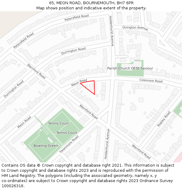 65, MEON ROAD, BOURNEMOUTH, BH7 6PR: Location map and indicative extent of plot