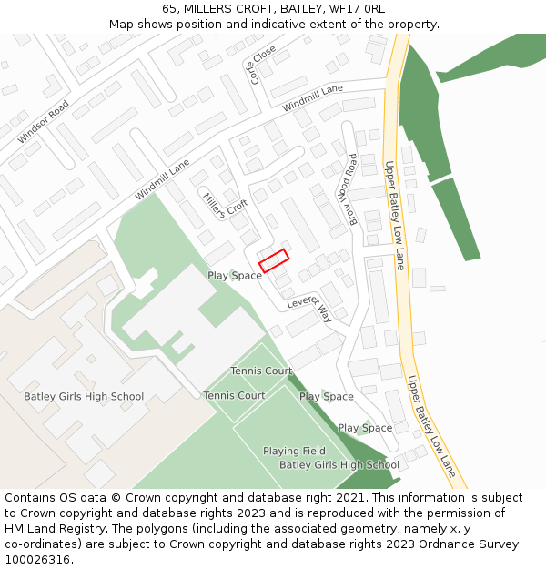 65, MILLERS CROFT, BATLEY, WF17 0RL: Location map and indicative extent of plot