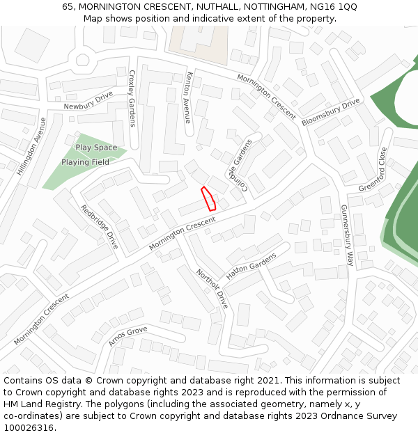 65, MORNINGTON CRESCENT, NUTHALL, NOTTINGHAM, NG16 1QQ: Location map and indicative extent of plot