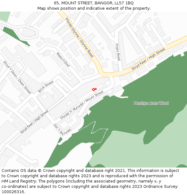 65, MOUNT STREET, BANGOR, LL57 1BQ: Location map and indicative extent of plot