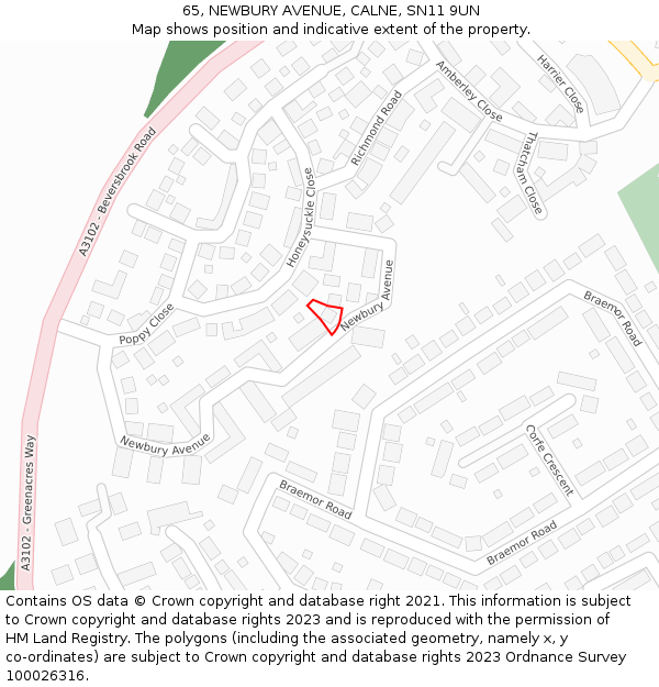 65, NEWBURY AVENUE, CALNE, SN11 9UN: Location map and indicative extent of plot