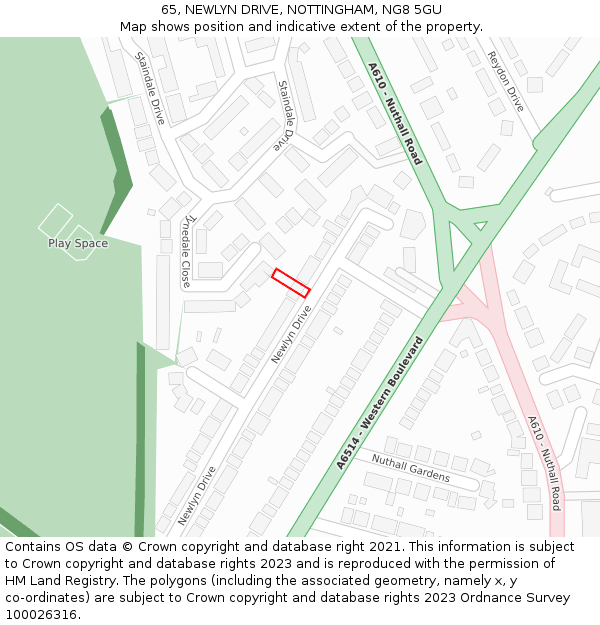 65, NEWLYN DRIVE, NOTTINGHAM, NG8 5GU: Location map and indicative extent of plot