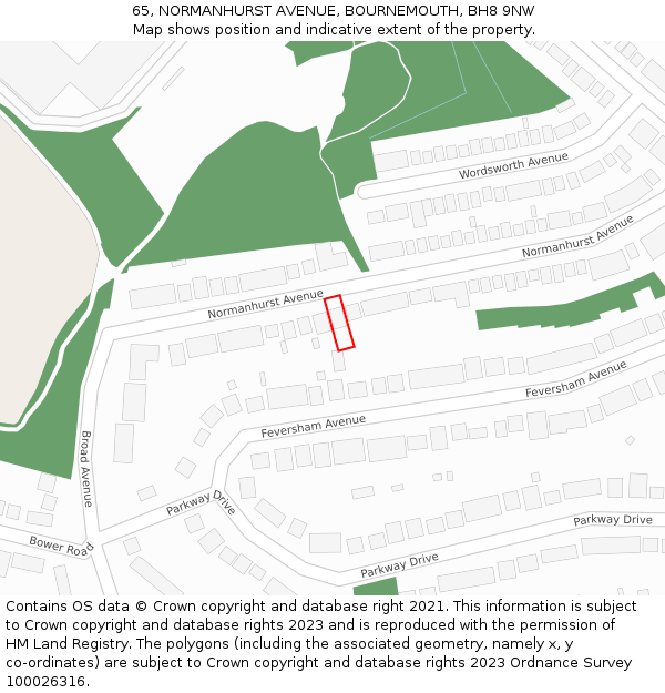 65, NORMANHURST AVENUE, BOURNEMOUTH, BH8 9NW: Location map and indicative extent of plot