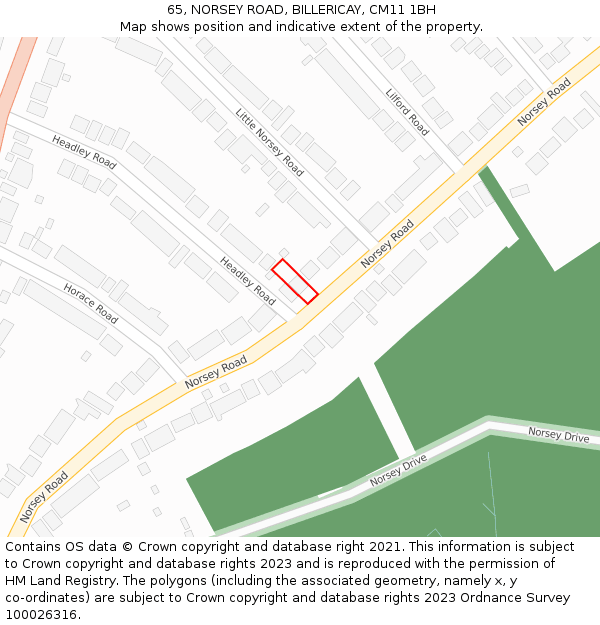 65, NORSEY ROAD, BILLERICAY, CM11 1BH: Location map and indicative extent of plot