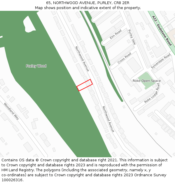 65, NORTHWOOD AVENUE, PURLEY, CR8 2ER: Location map and indicative extent of plot