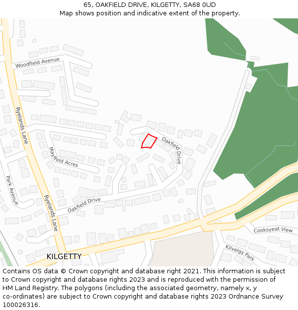 65, OAKFIELD DRIVE, KILGETTY, SA68 0UD: Location map and indicative extent of plot