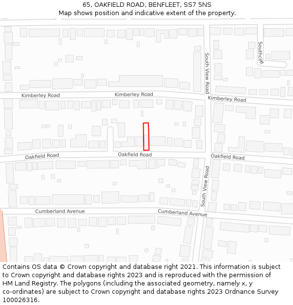 65, OAKFIELD ROAD, BENFLEET, SS7 5NS: Location map and indicative extent of plot