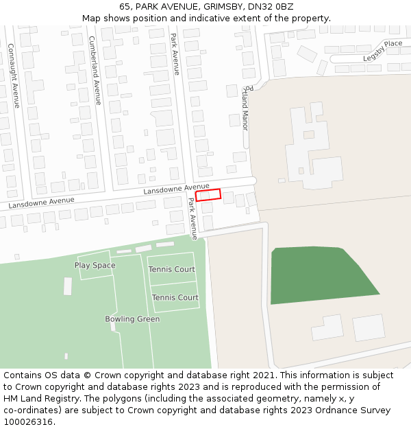 65, PARK AVENUE, GRIMSBY, DN32 0BZ: Location map and indicative extent of plot