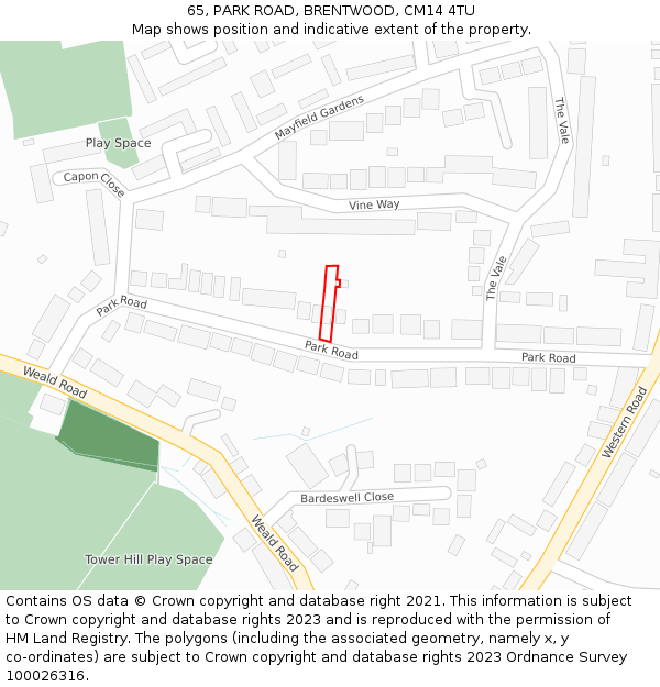 65, PARK ROAD, BRENTWOOD, CM14 4TU: Location map and indicative extent of plot