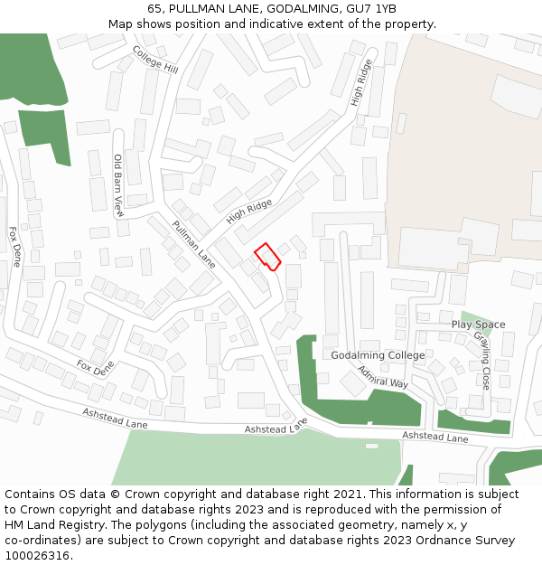 65, PULLMAN LANE, GODALMING, GU7 1YB: Location map and indicative extent of plot
