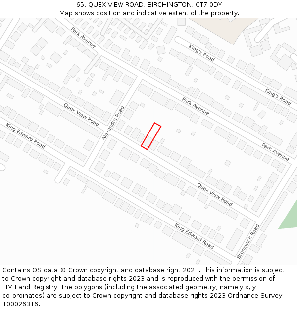 65, QUEX VIEW ROAD, BIRCHINGTON, CT7 0DY: Location map and indicative extent of plot