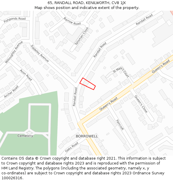 65, RANDALL ROAD, KENILWORTH, CV8 1JX: Location map and indicative extent of plot