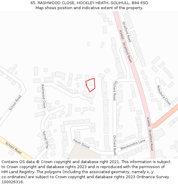 65, RASHWOOD CLOSE, HOCKLEY HEATH, SOLIHULL, B94 6SD: Location map and indicative extent of plot