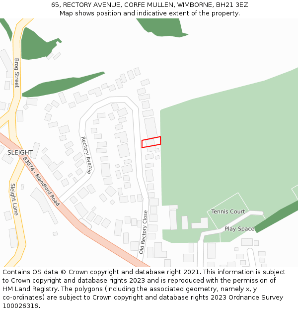 65, RECTORY AVENUE, CORFE MULLEN, WIMBORNE, BH21 3EZ: Location map and indicative extent of plot