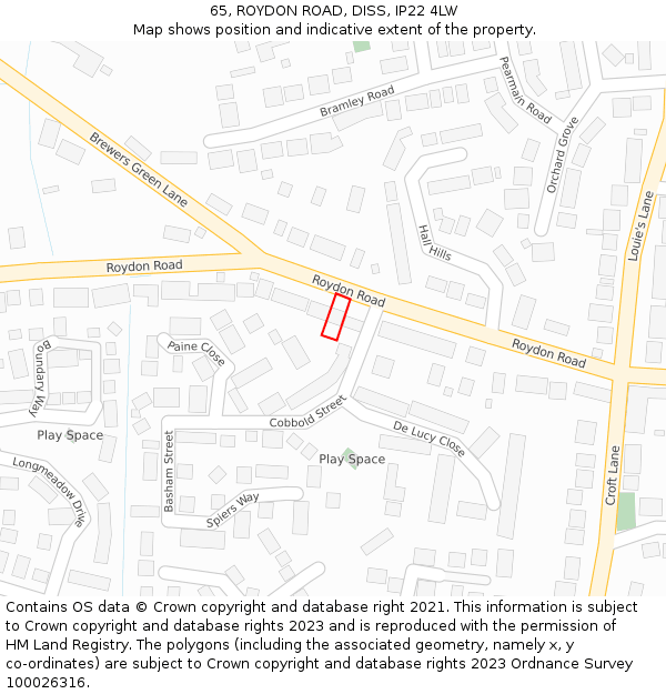 65, ROYDON ROAD, DISS, IP22 4LW: Location map and indicative extent of plot