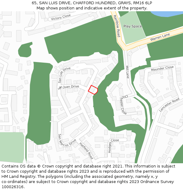 65, SAN LUIS DRIVE, CHAFFORD HUNDRED, GRAYS, RM16 6LP: Location map and indicative extent of plot