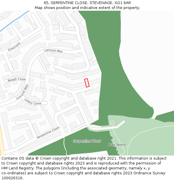 65, SERPENTINE CLOSE, STEVENAGE, SG1 6AR: Location map and indicative extent of plot