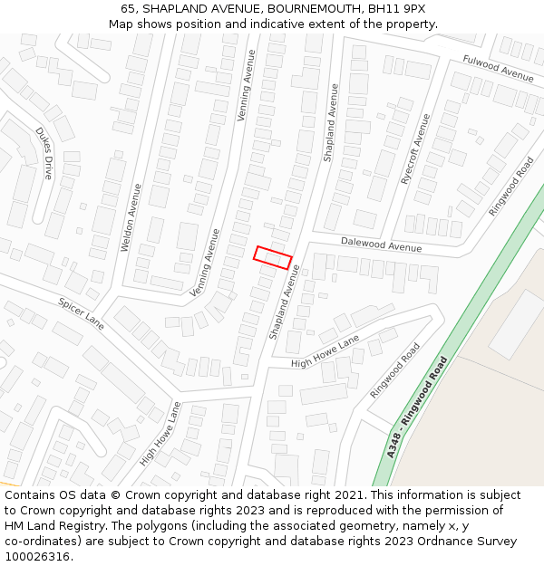 65, SHAPLAND AVENUE, BOURNEMOUTH, BH11 9PX: Location map and indicative extent of plot