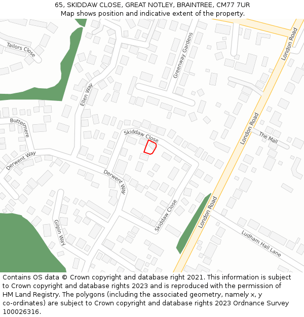 65, SKIDDAW CLOSE, GREAT NOTLEY, BRAINTREE, CM77 7UR: Location map and indicative extent of plot