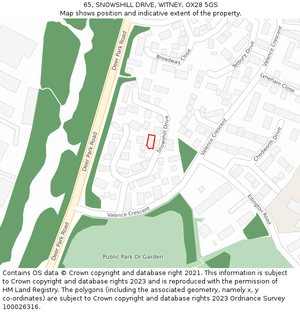 65, SNOWSHILL DRIVE, WITNEY, OX28 5GS: Location map and indicative extent of plot