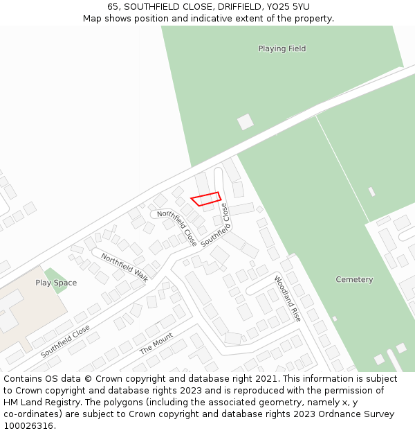 65, SOUTHFIELD CLOSE, DRIFFIELD, YO25 5YU: Location map and indicative extent of plot