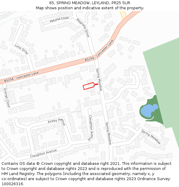 65, SPRING MEADOW, LEYLAND, PR25 5UR: Location map and indicative extent of plot