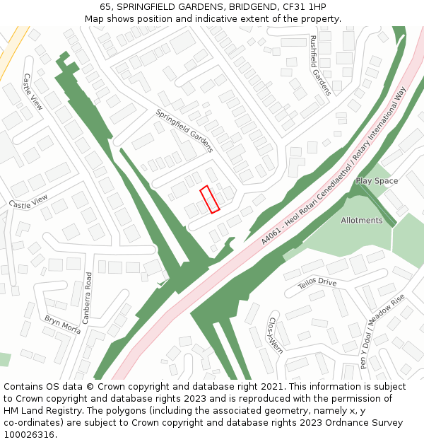 65, SPRINGFIELD GARDENS, BRIDGEND, CF31 1HP: Location map and indicative extent of plot