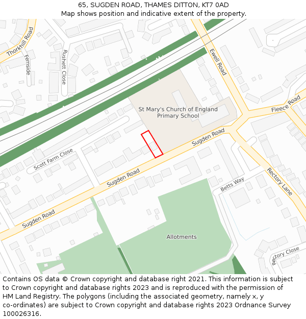 65, SUGDEN ROAD, THAMES DITTON, KT7 0AD: Location map and indicative extent of plot