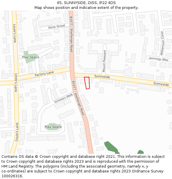 65, SUNNYSIDE, DISS, IP22 4DS: Location map and indicative extent of plot