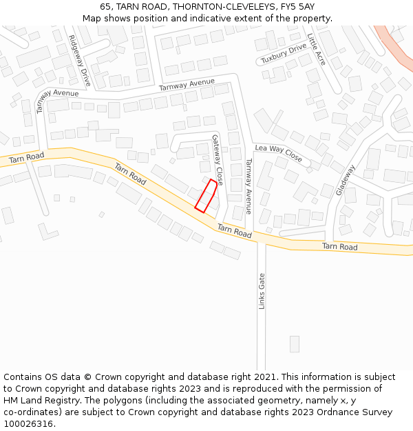 65, TARN ROAD, THORNTON-CLEVELEYS, FY5 5AY: Location map and indicative extent of plot