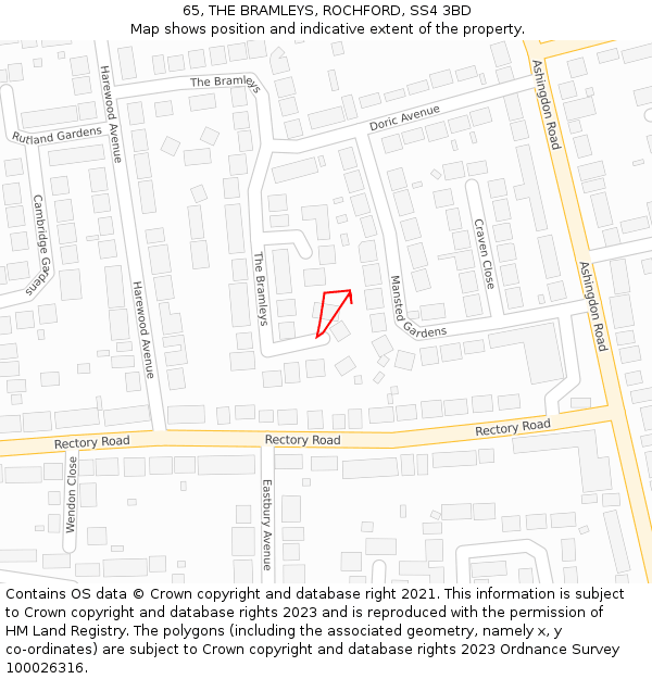 65, THE BRAMLEYS, ROCHFORD, SS4 3BD: Location map and indicative extent of plot