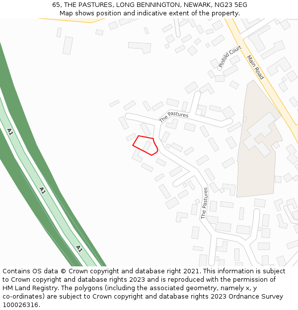 65, THE PASTURES, LONG BENNINGTON, NEWARK, NG23 5EG: Location map and indicative extent of plot