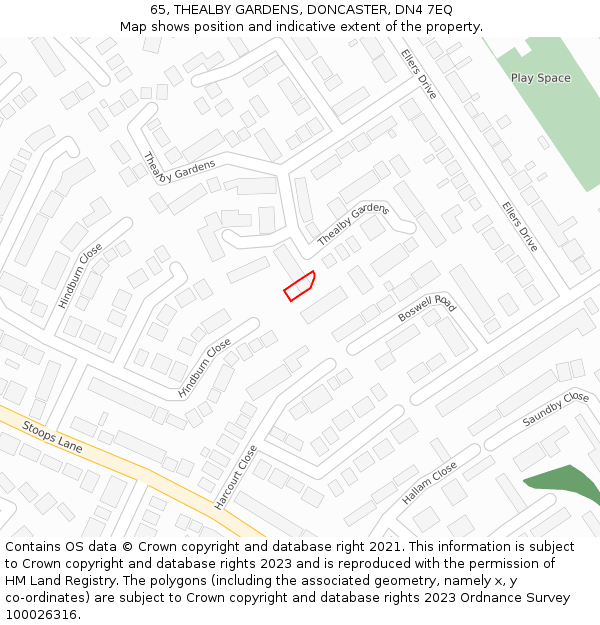 65, THEALBY GARDENS, DONCASTER, DN4 7EQ: Location map and indicative extent of plot