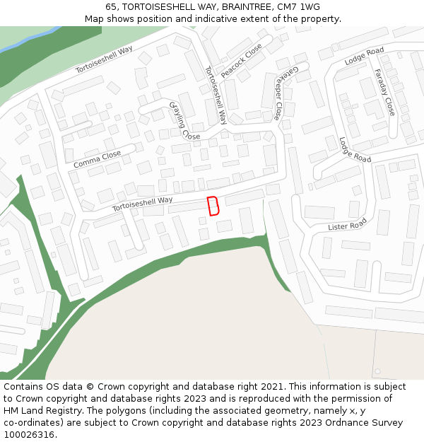 65, TORTOISESHELL WAY, BRAINTREE, CM7 1WG: Location map and indicative extent of plot