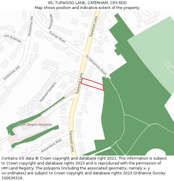 65, TUPWOOD LANE, CATERHAM, CR3 6DD: Location map and indicative extent of plot