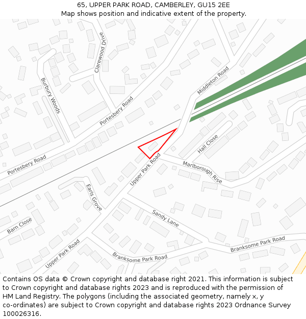 65, UPPER PARK ROAD, CAMBERLEY, GU15 2EE: Location map and indicative extent of plot