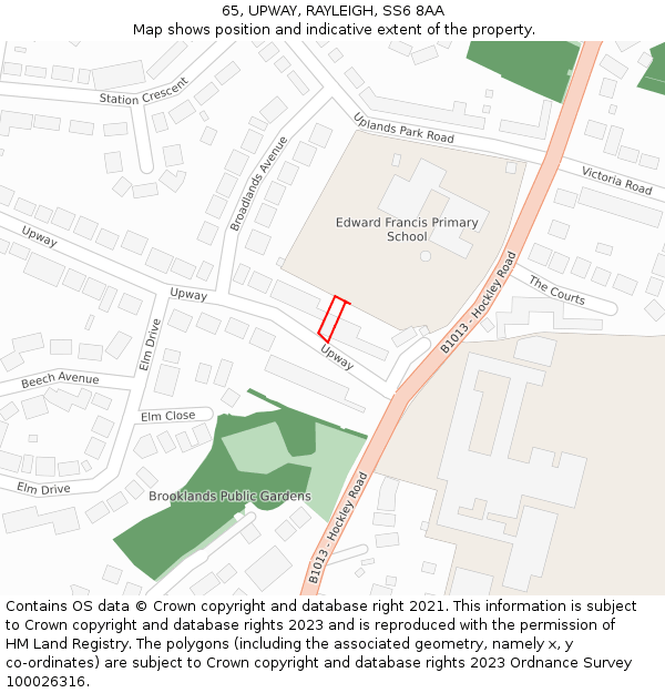 65, UPWAY, RAYLEIGH, SS6 8AA: Location map and indicative extent of plot