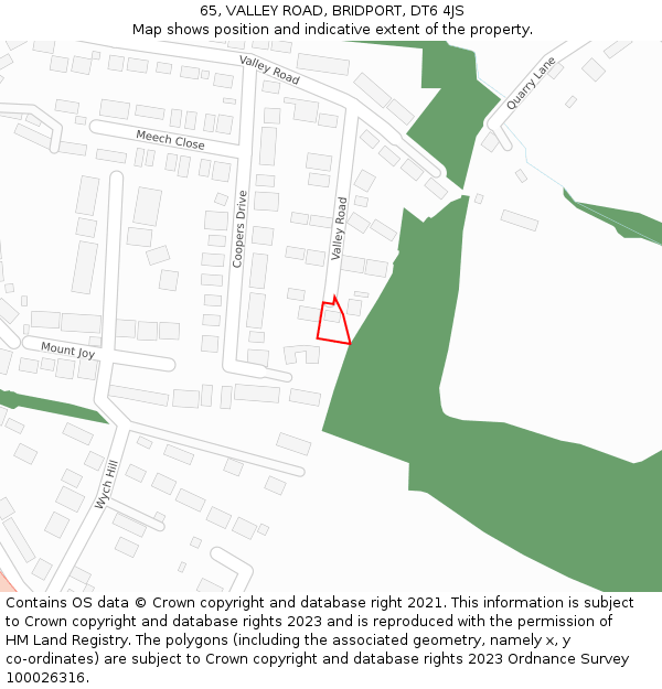 65, VALLEY ROAD, BRIDPORT, DT6 4JS: Location map and indicative extent of plot
