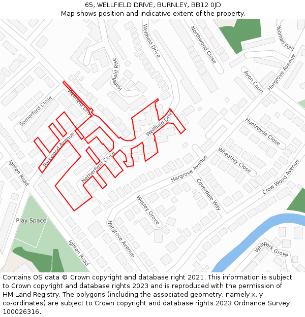 65, WELLFIELD DRIVE, BURNLEY, BB12 0JD: Location map and indicative extent of plot