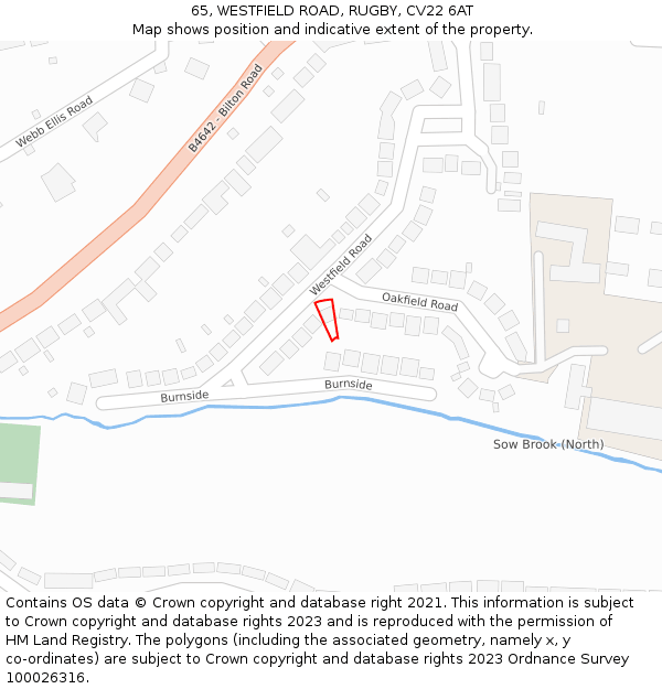 65, WESTFIELD ROAD, RUGBY, CV22 6AT: Location map and indicative extent of plot