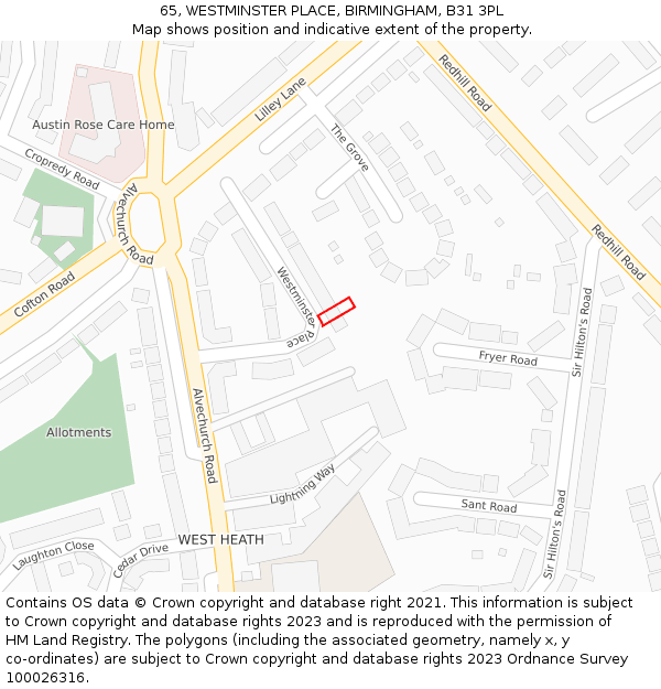 65, WESTMINSTER PLACE, BIRMINGHAM, B31 3PL: Location map and indicative extent of plot