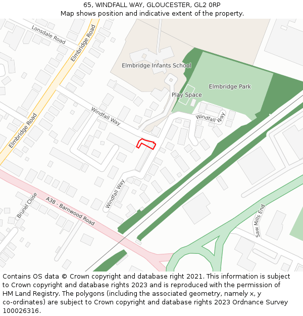 65, WINDFALL WAY, GLOUCESTER, GL2 0RP: Location map and indicative extent of plot