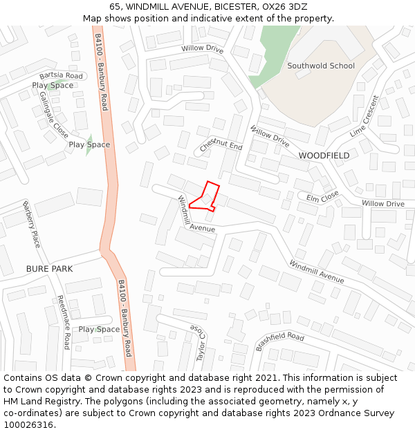 65, WINDMILL AVENUE, BICESTER, OX26 3DZ: Location map and indicative extent of plot