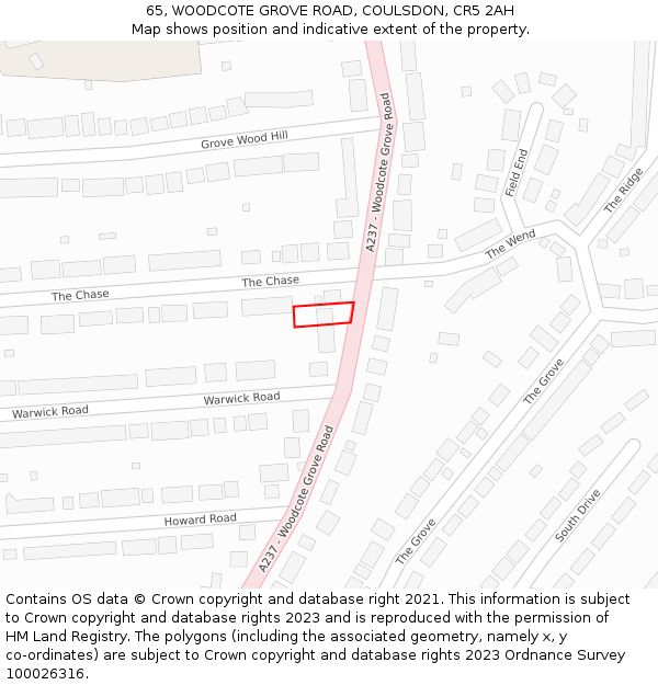 65, WOODCOTE GROVE ROAD, COULSDON, CR5 2AH: Location map and indicative extent of plot