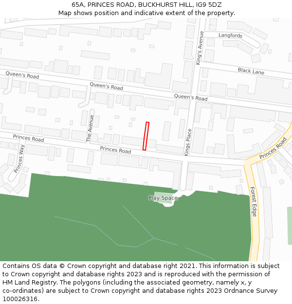 65A, PRINCES ROAD, BUCKHURST HILL, IG9 5DZ: Location map and indicative extent of plot