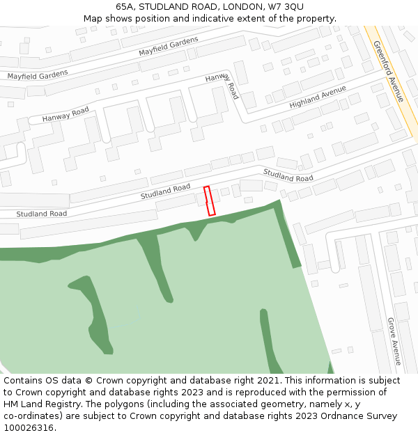 65A, STUDLAND ROAD, LONDON, W7 3QU: Location map and indicative extent of plot