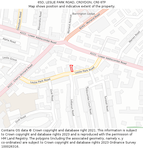 65D, LESLIE PARK ROAD, CROYDON, CR0 6TP: Location map and indicative extent of plot