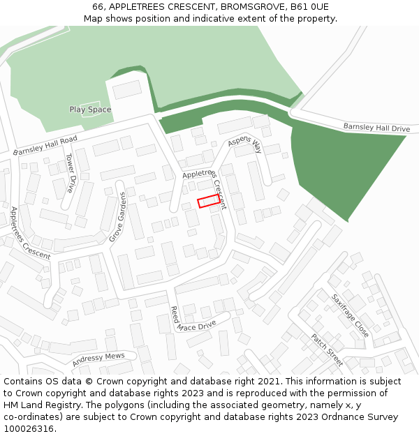 66, APPLETREES CRESCENT, BROMSGROVE, B61 0UE: Location map and indicative extent of plot